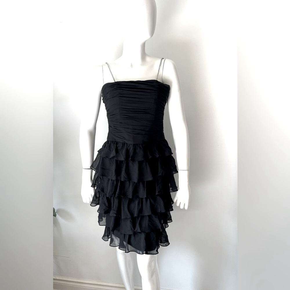 KAY UNGER NEW YORK 100% silk Black Tiered Cocktail Ruffled Dress Crystal strap